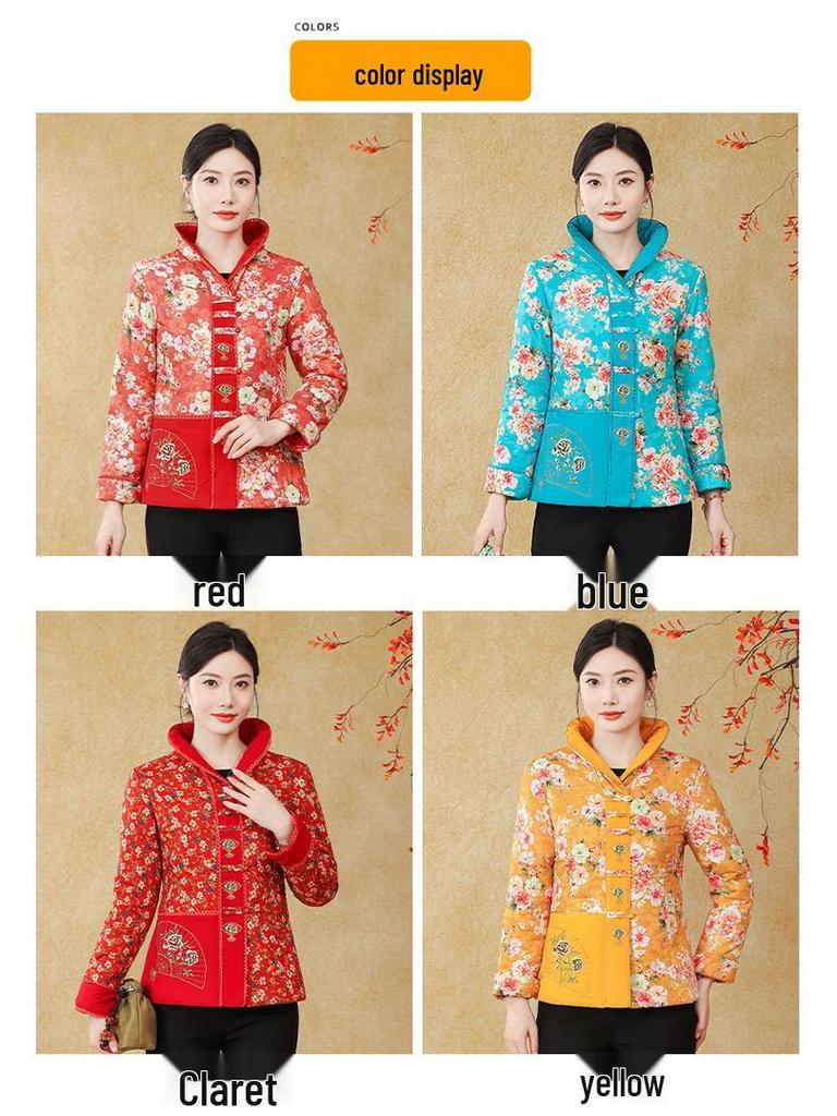 Mom's Ethnic Style Stand Collar Tang Suit: Autumn/Winter Slim Fit Cotton Jacket for Middle-Aged & Elderly Women