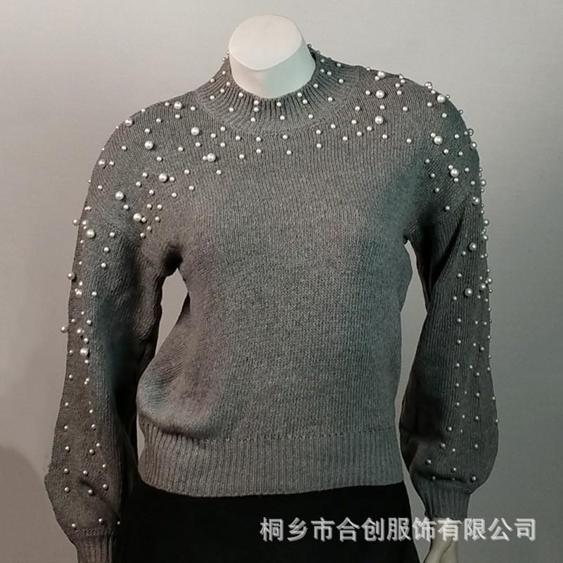 Womens Oversized Round Neck Knit Sweater With Pearl Embellishment Loose Fit Long Sleeve Acrylic Pullover Winter