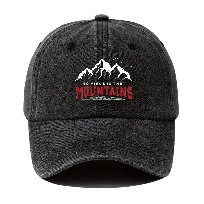 Vintage Distressed Black No Virus In the Mountains Slogan Print Baseball Cap Ideal for Outdoor Activities Fishing Hand Wash