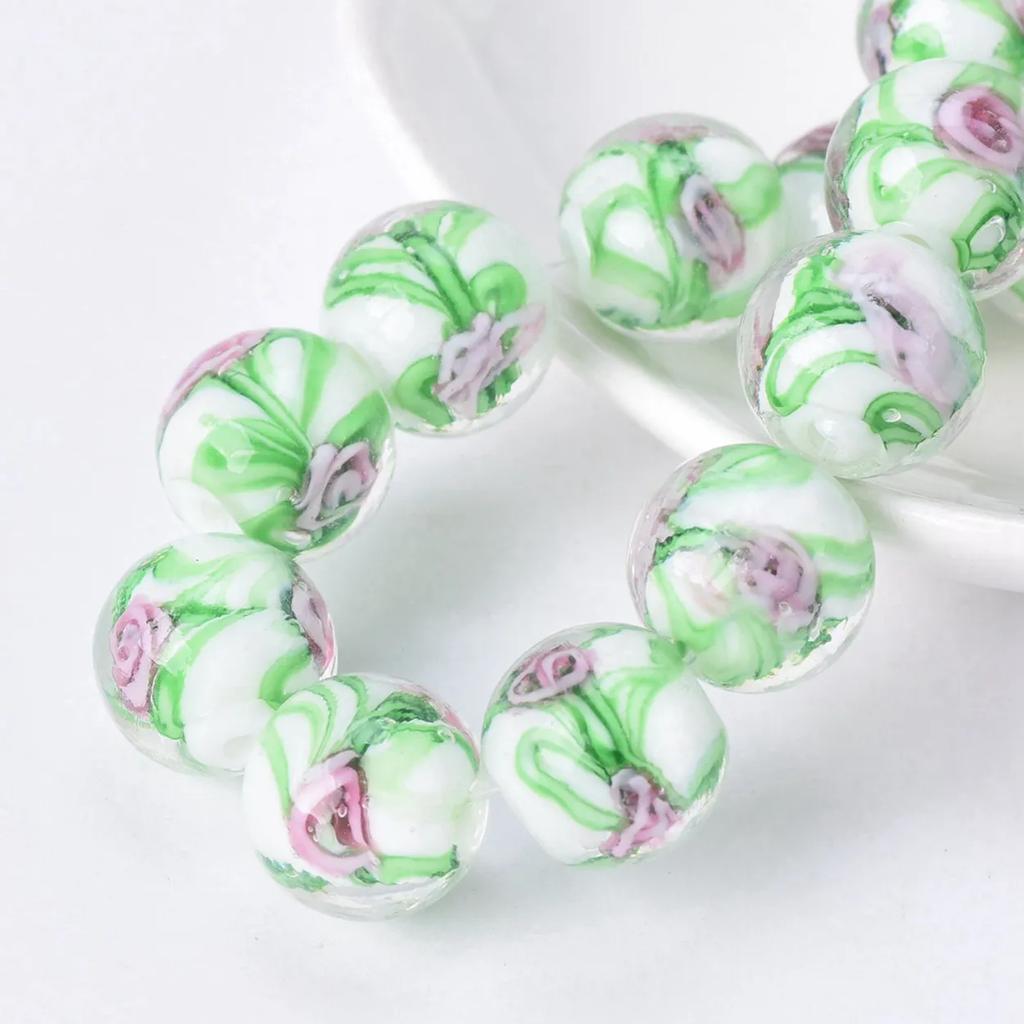 10pcs Round 12mm Flower Pattern Handmade Lampwork Glass Loose Beads For Jewelry Making Accessories DIY Crafts Findings