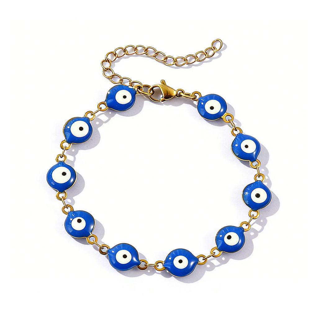 Evil Eye Double-sided Enamel Bracelets 304 Stainless Steel Handmade Link Chain Religious Retro Gift Jewelry 16.5cm(6 4/8") long