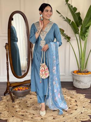 Women Designer Party Wear Rayon Embroidered Kurta Pant Dupatta Set Salwar Kameez Ethnic Wear