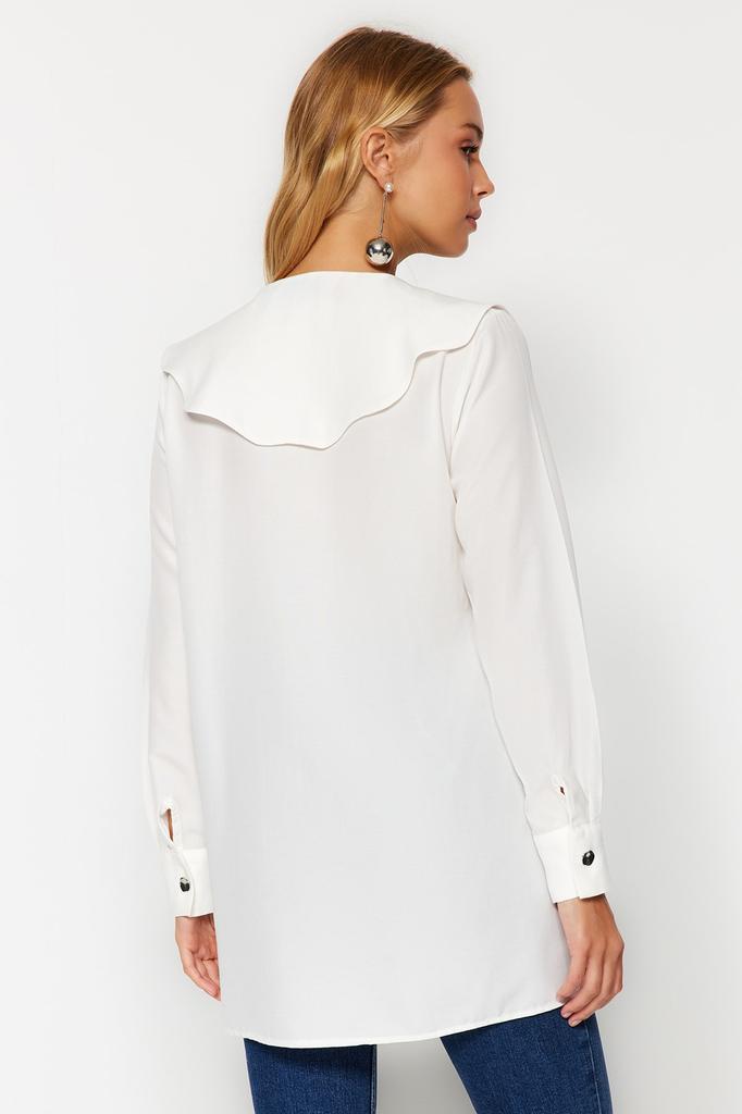 Damenmode Neues Hijab-Hemd Weiß Silberfarbenes Knopfdetail Babykragen Baumwollhemd