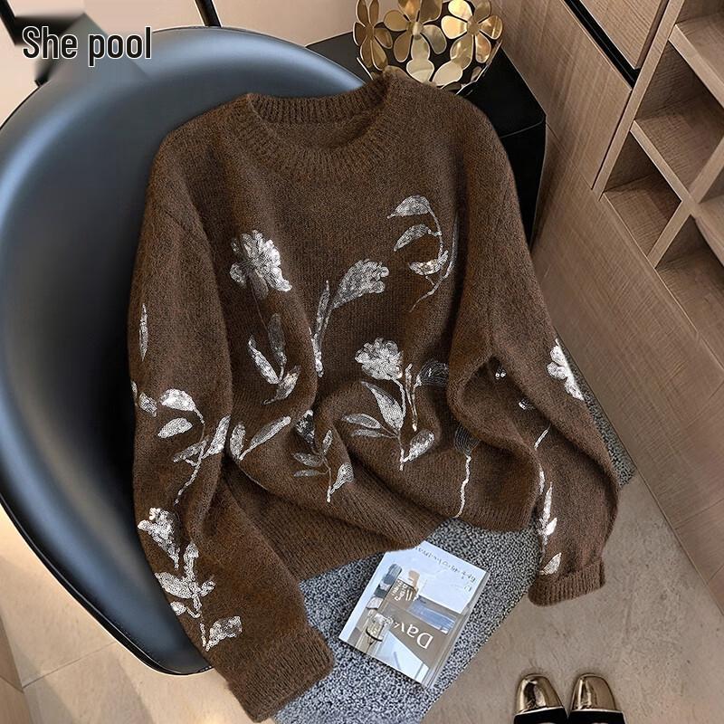

Women s Soft Knit Wool Blend Sequin Round Neck Sweater One Size