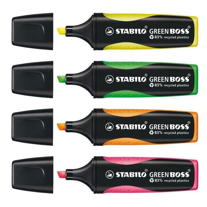 Surligneur - STABILO - GREEN BOSS - Lot De 4 - Éco-responsable - Rechargeable - Plastique Recyclé