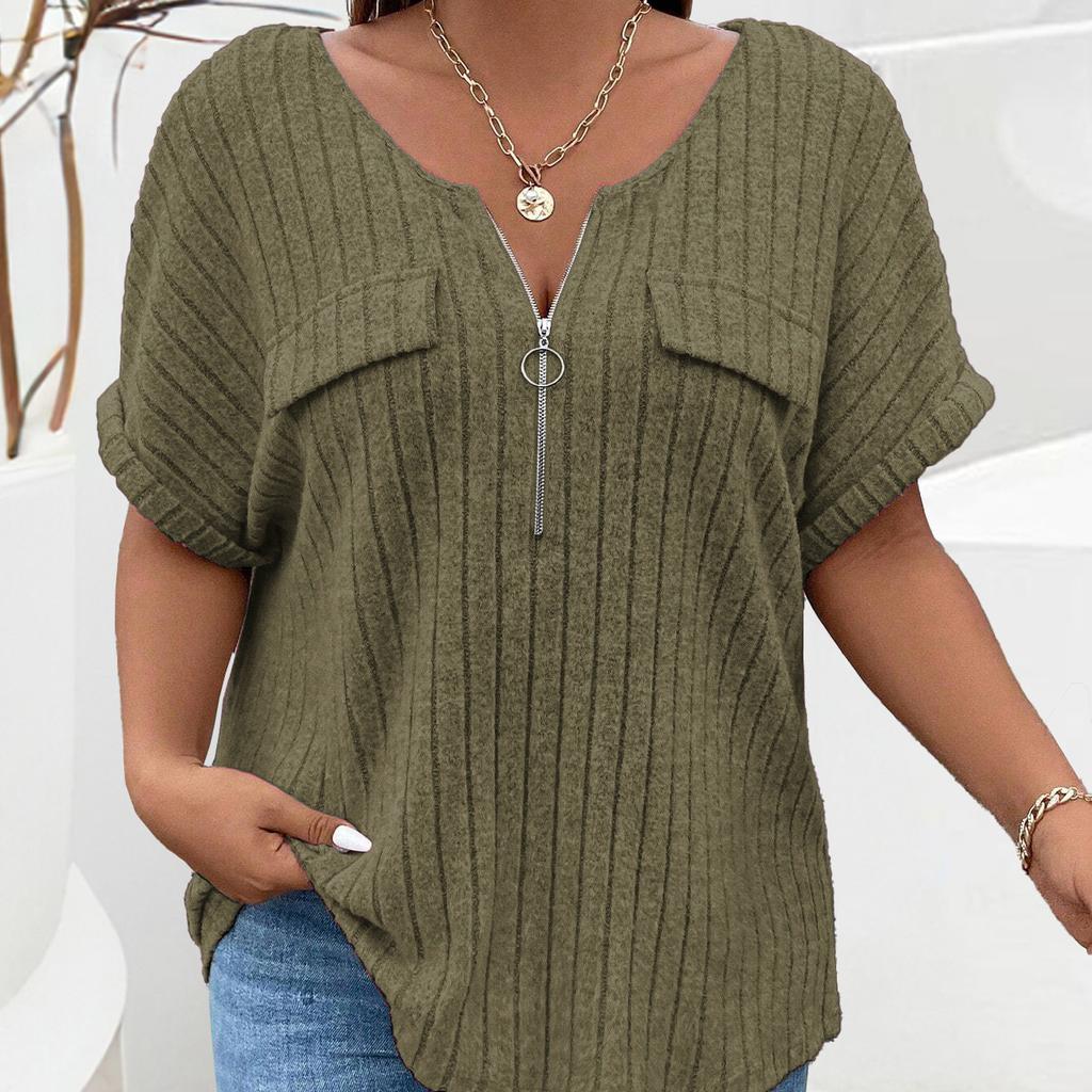 Frühling und Sommer Einfarbig Große Größe frauen Tops Zipper Kurzarm Gefälschte Tasche Pullover Lose T-Shirt