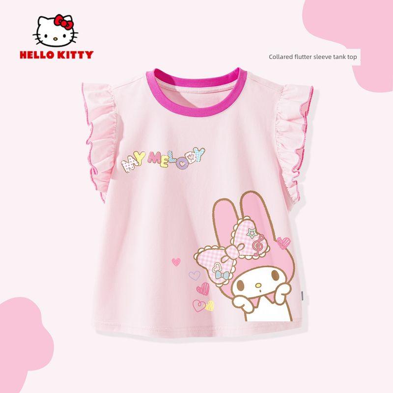 Hello Kitty Girls' T-Shirt Summer 2025 New Pink Girls' Flutter Sleeve Top Pure Cotton Children's Summer Clothing