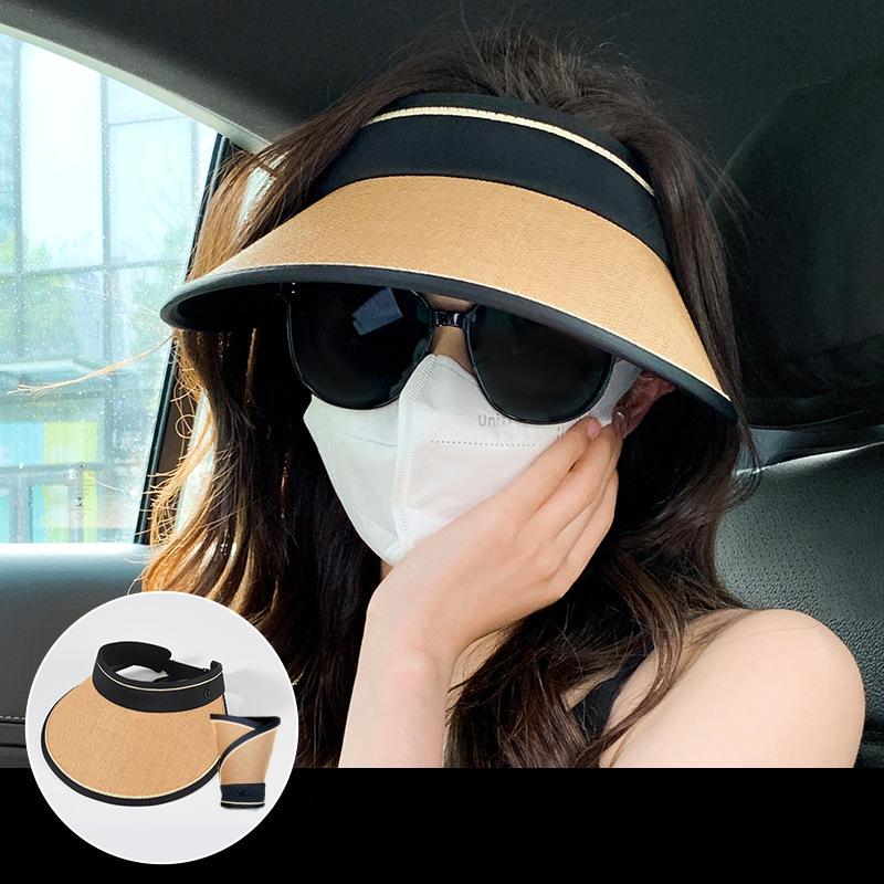 Foldable Lafite Sun Protection Hat Bicycle Face Covering Straw Hat Big Brim Sun Protection Tanning Glue Empty Top Hat