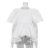 women's round neck puff flutter short sleeve peplum hem satin loose fit blouse top shirt