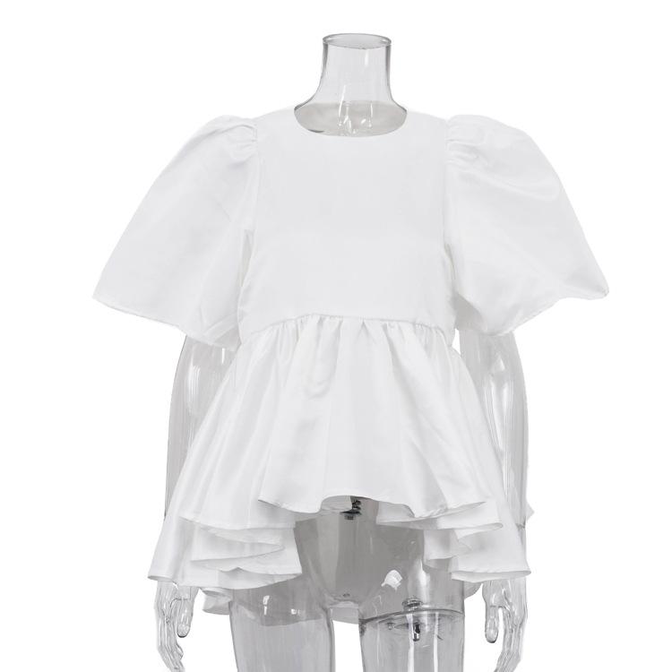 

women s round neck puff flutter short sleeve peplum hem satin loose fit blouse top shirt S белый