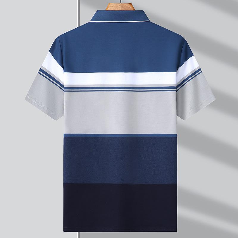 Striped Real Pocket Short-Sleeved Lapel T-Shirt, Father Dress Casual Polo Shirt Breathable Top Men