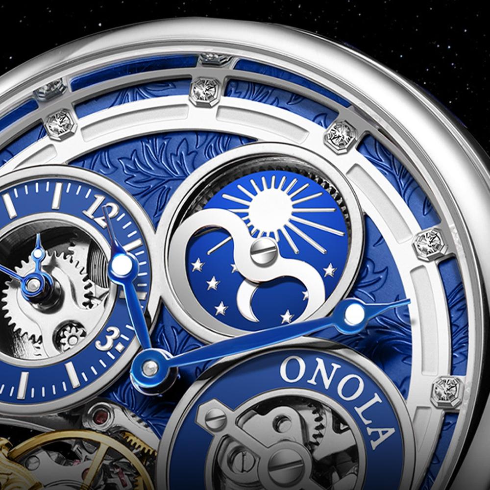 Fashion ONOLA Men Automatic Mechanical Watch Men Stainless Steel Skeleton Wristwatch Men Leather Strap Watch