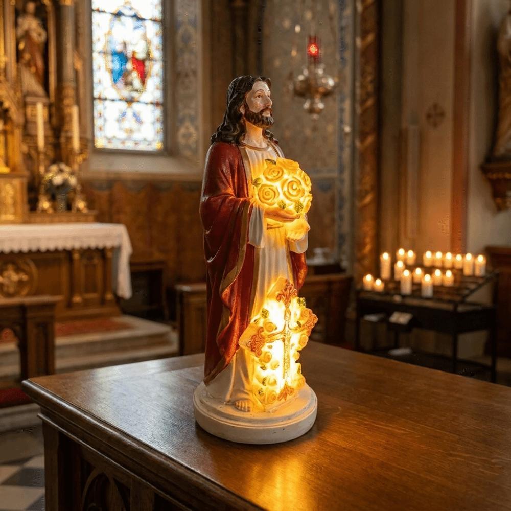 Verlichte Maria Beeld Gloeiende Rozen LED Jezus Christus Beeldje Hars Jezus Beeld Tuinpad