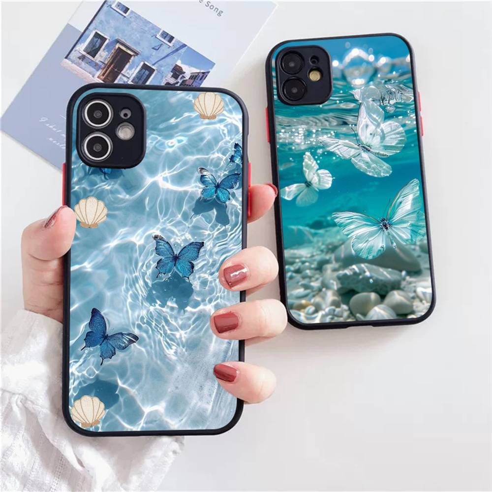 Blue Butterfly Ocean Waves Shockproof Matte Phone Case For IPhone 16 15 14 13 12 11 Pro Max X XR XS MAX Mini