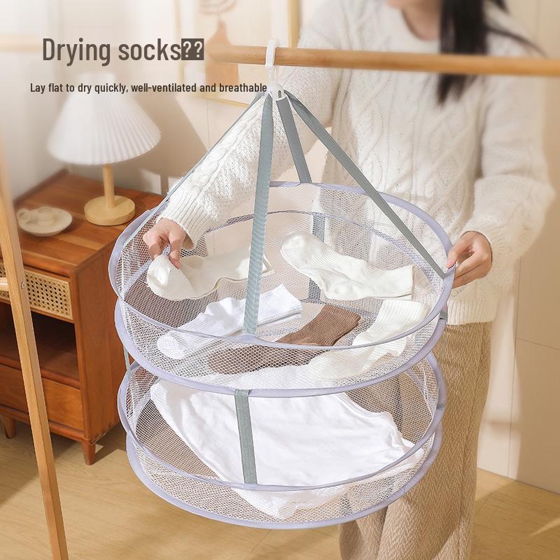Foldable Double-Layer Drying Basket for Underwear, Socks, and Sweaters - Flat Mesh Hanging Bag.