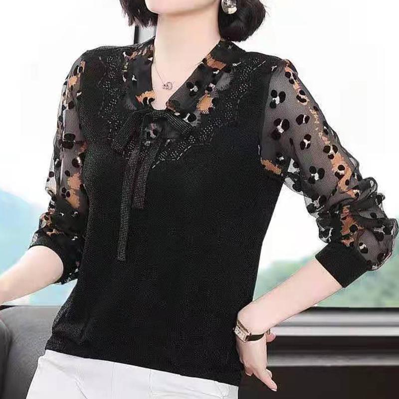 

Casual Fashion Elegant Bow Hollow Out Diamonds T-shirt Summer Autumn 2022 V-Neck Three Quarter Sleeve Loose Tops Female Clothing L чёрный