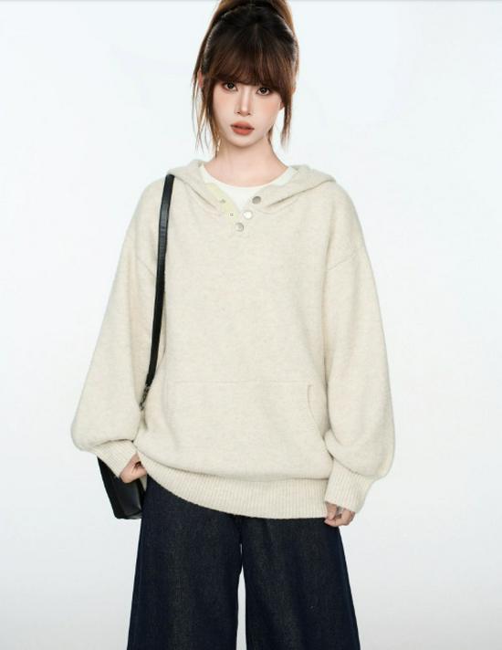 Unisex Hooded Knit Cardigan Jacket - Half-Button, Thick, Loose, Trendy Sweater for Autumn/Winter