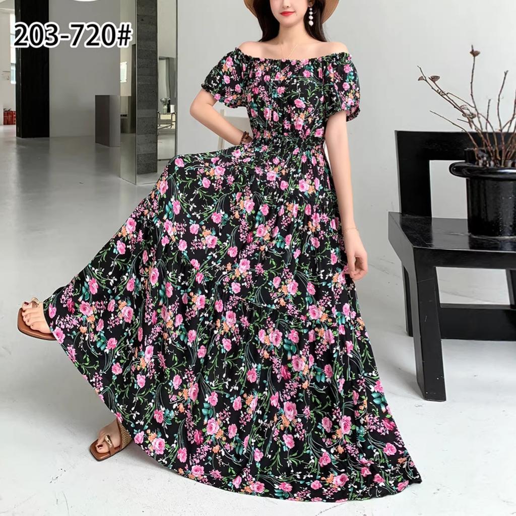 2024 Women's Beach Dress Short Sleeve Floral Dress Cotton Travel Vacation Bohemian Skirt Summer Halter