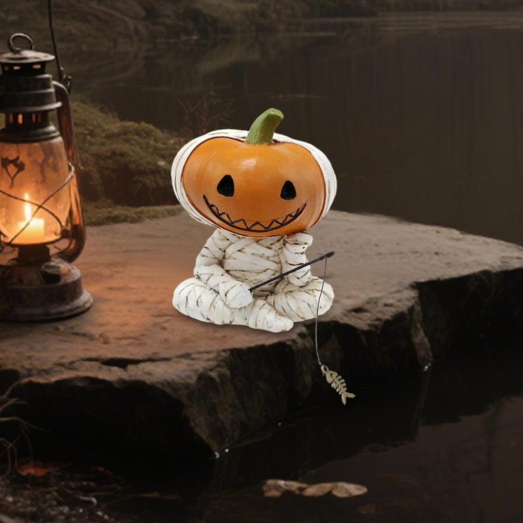 Halloween Statue Mummy Pumpkin Fisherman Figurine Spooky Gothic Statue Decor for Party Home Garden Shelf Room Table Christmas