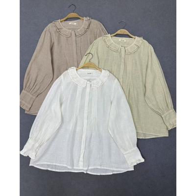 Camicia Autunnale Girocollo Monopetto Manica Lunga Ampia Tinta Unita Plissettata Casual Da Donna