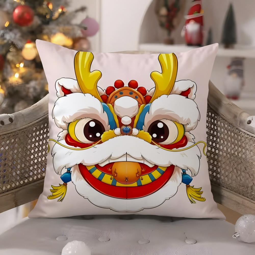 Chinatown Festive Lion Print Pattern Pillow Case Comfort Sofa Bed Silky Elegant Invisible Zipper Decorative Cushion Cover