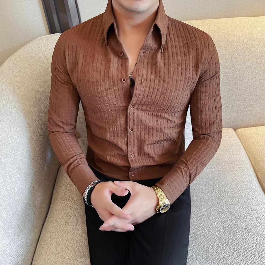 High Quality Long Sleeve Shirt Men Autumn Winter Slim Fit Business Casual Waffle Shirts