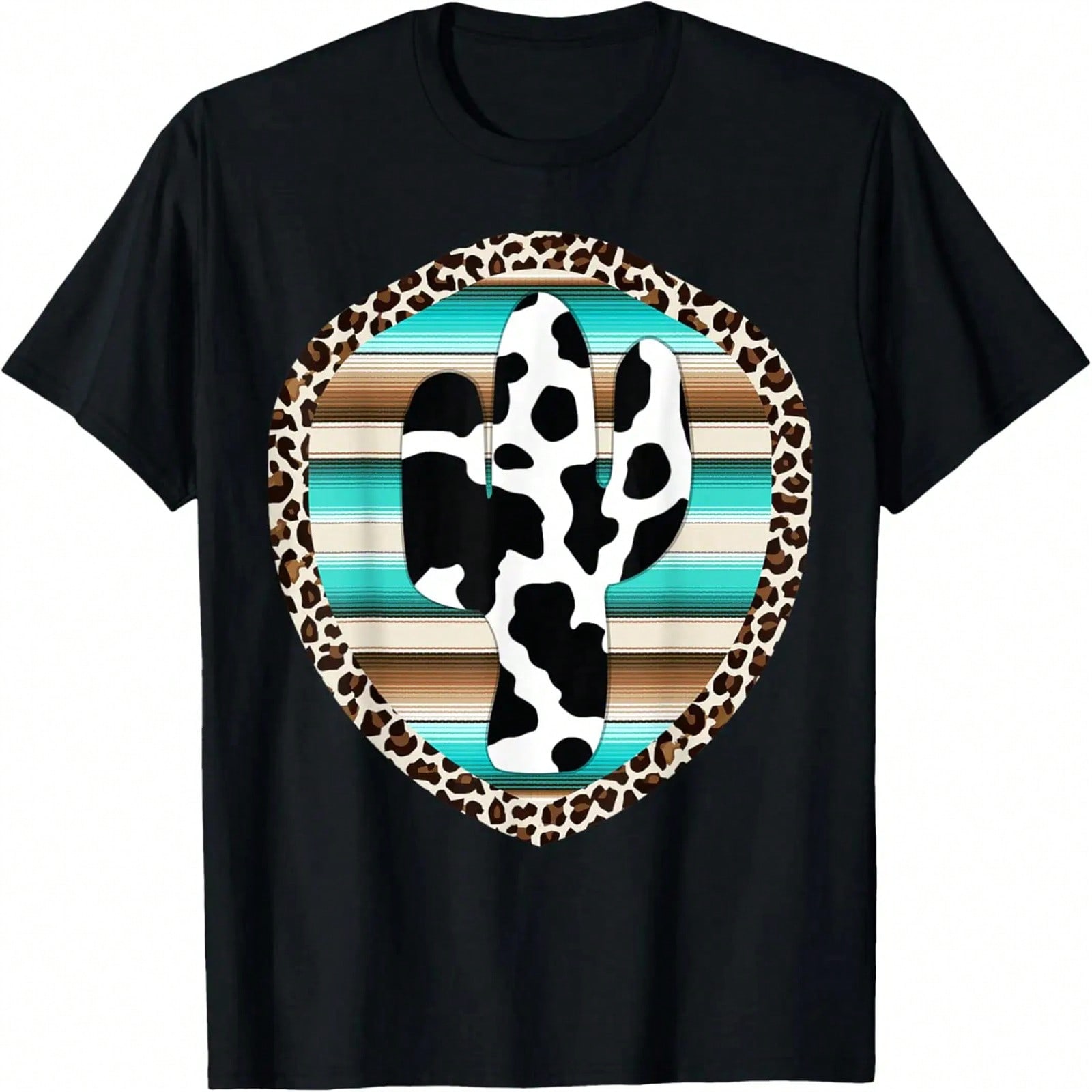 Serape Cow Print Cactus Leopard Print Turquoise Brown T-Shirt S разноцветный
