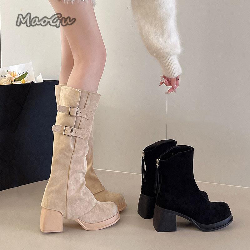 Vintage Women Trouser Legs Boots Removable Belt Buckle Autumn Winter Shoes Thick Heel Ladies Elegant Long Booties Beige Black
