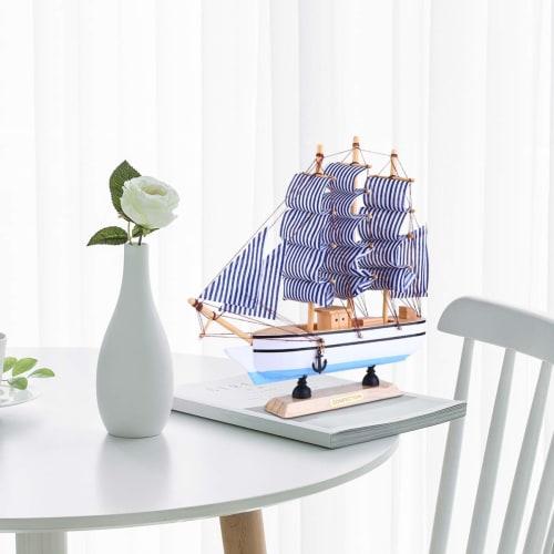 NUOLUX Sailboat Ship Model, Complete Wooden Ship Model Figurine, Handmade DIY Decor, Desktop, Office, Birthday, Sky Blue