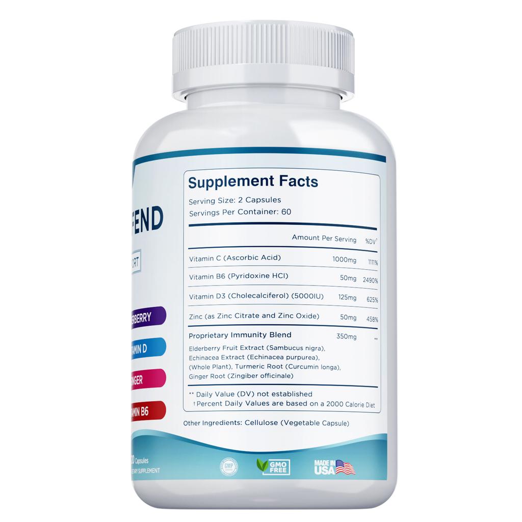 Multivitamin capsules, containing zinc, elderberry, vitamin D3, turmeric, immune support, antioxidant support, suitable for adults.