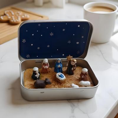 Nativity Set Mini Figurines Tin Box Nativity Set Indoor Christmas Decorations for Christian Mantel Fireplace Living Room Office