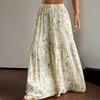Women Trousers Elastic Waist Floral Print Splicing Design Wide Leg Long Trouser with Pockets Travel Work School Daily
