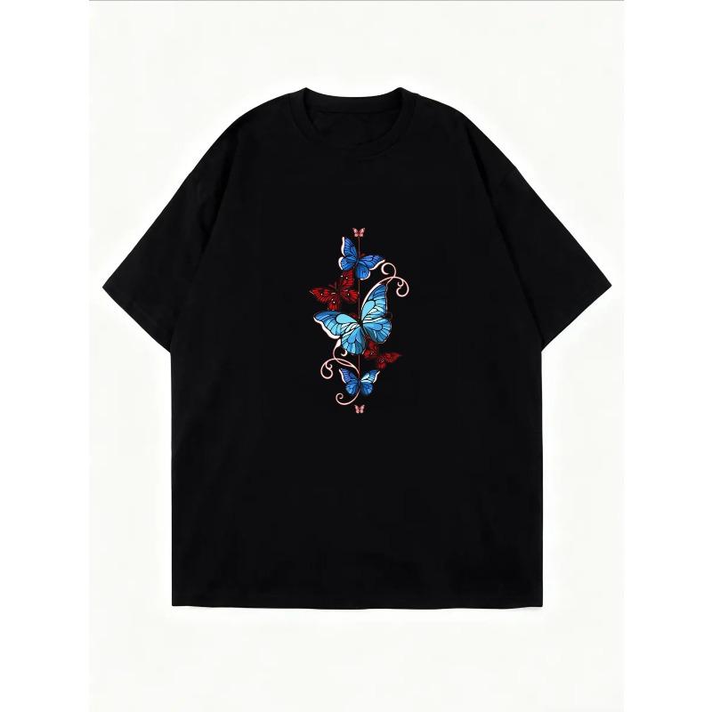 Butterfly Print T Shirt White Blue And Red Butterflies Design Casual Wear For Women Summer Outfit Fashion Top