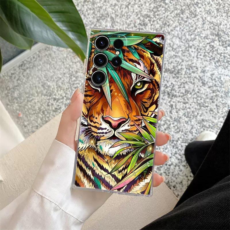 Tropical Jungle Print Leopard Sloth Rainforest Cat Phone Case For Samsung Galaxy S24 S23 Ultra S22 S20 Plus S21 FE Clear Fundas