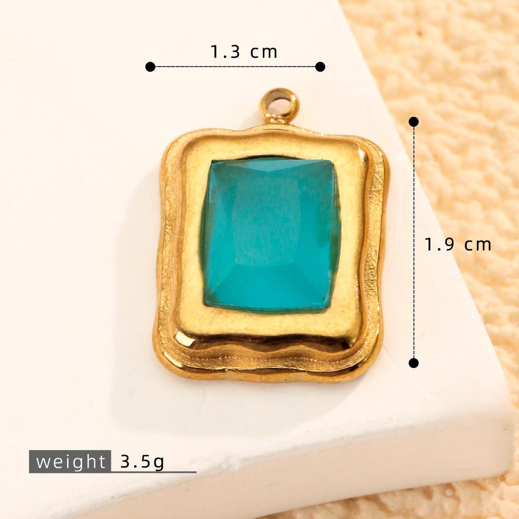 Colorfast Stainless Steel Emerald-Style Gemstone Rectangle Pendant Necklace