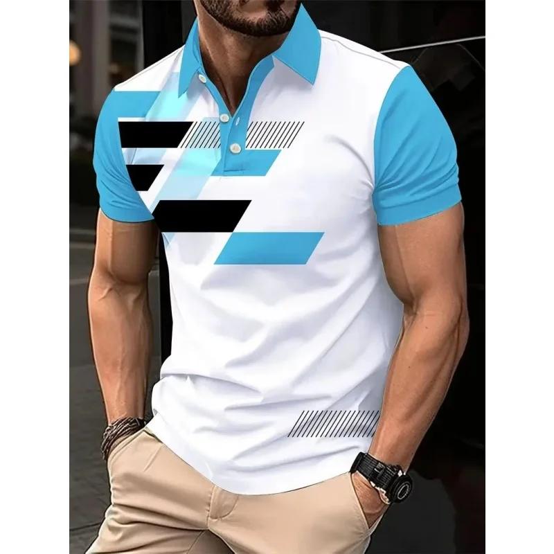 Geometric Print Short-sleeve Polo Shirt, Stylish Men's Casual Daily Wear.