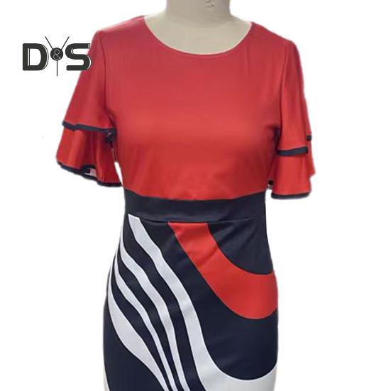 Women O Neck Layer Flared Sleeve Bodycon Dress Irregular Geometric Printing Hip Wrapped Office Lady Work Dress Workwear