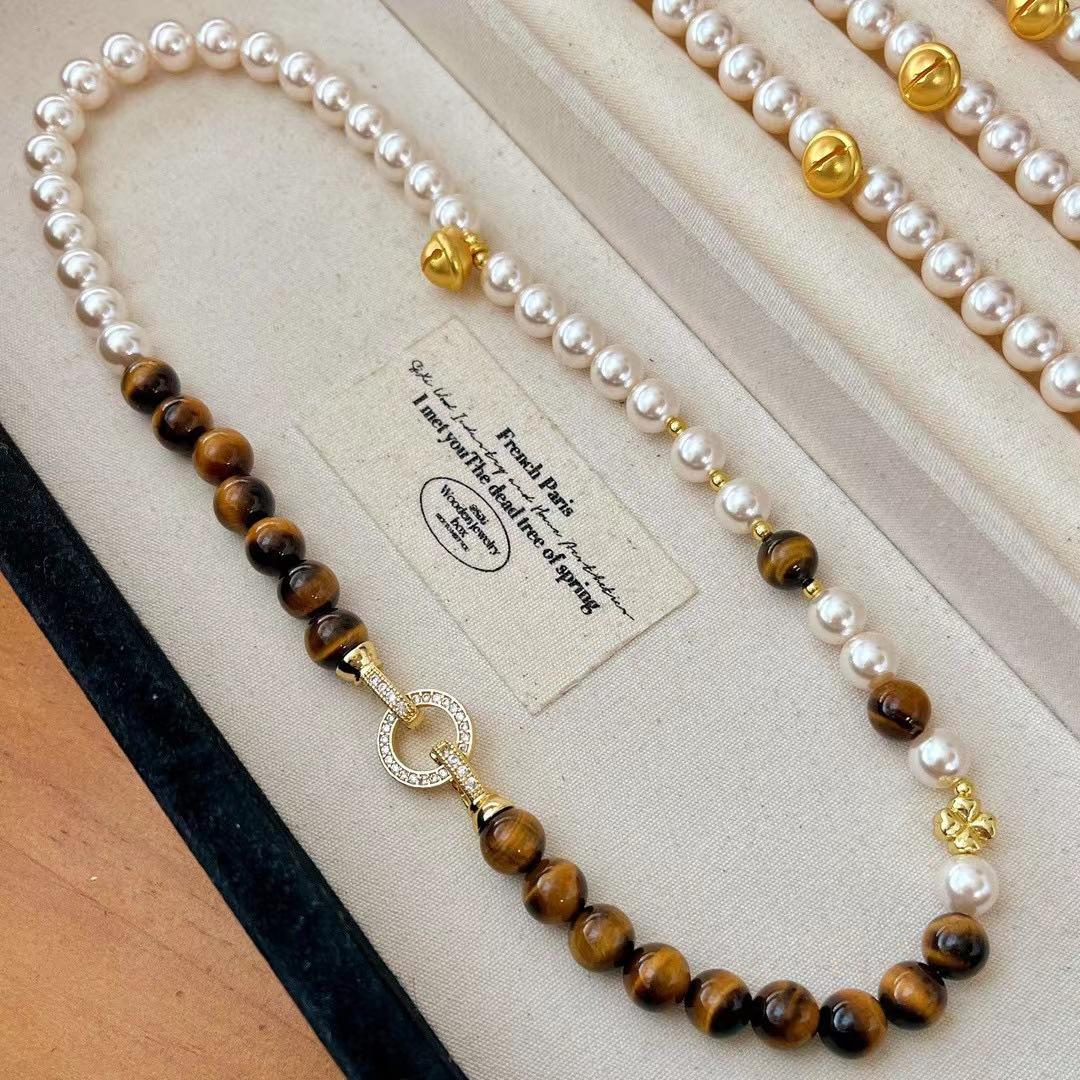 Vintage Autumn And Winter Maillard Wind Natural Tiger S Eye Stone Shijia Round Pearl Necklace Collarbone Chain