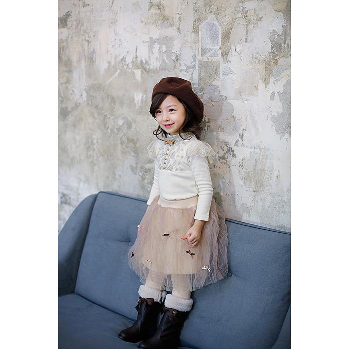 Girls' Thickened Lace Beaded Warm Fleece-lined Winter T-shirt