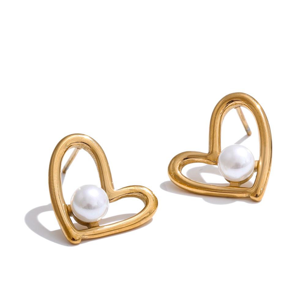 Yhpup Trendy Imitation Pearls Hollow Heart Love Stud Earrings for Women Elegance Stainless Steel Charm Romantic Jewelry