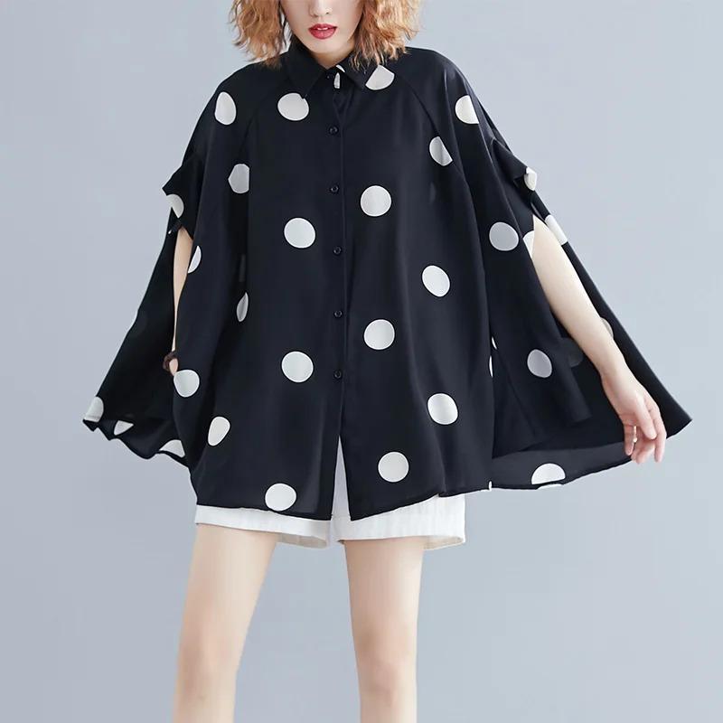 Black Vintage Polka Dot Print Blouse Women Lapel Short Sleeve Loose Casual Shirt Fashion Summer Clothes