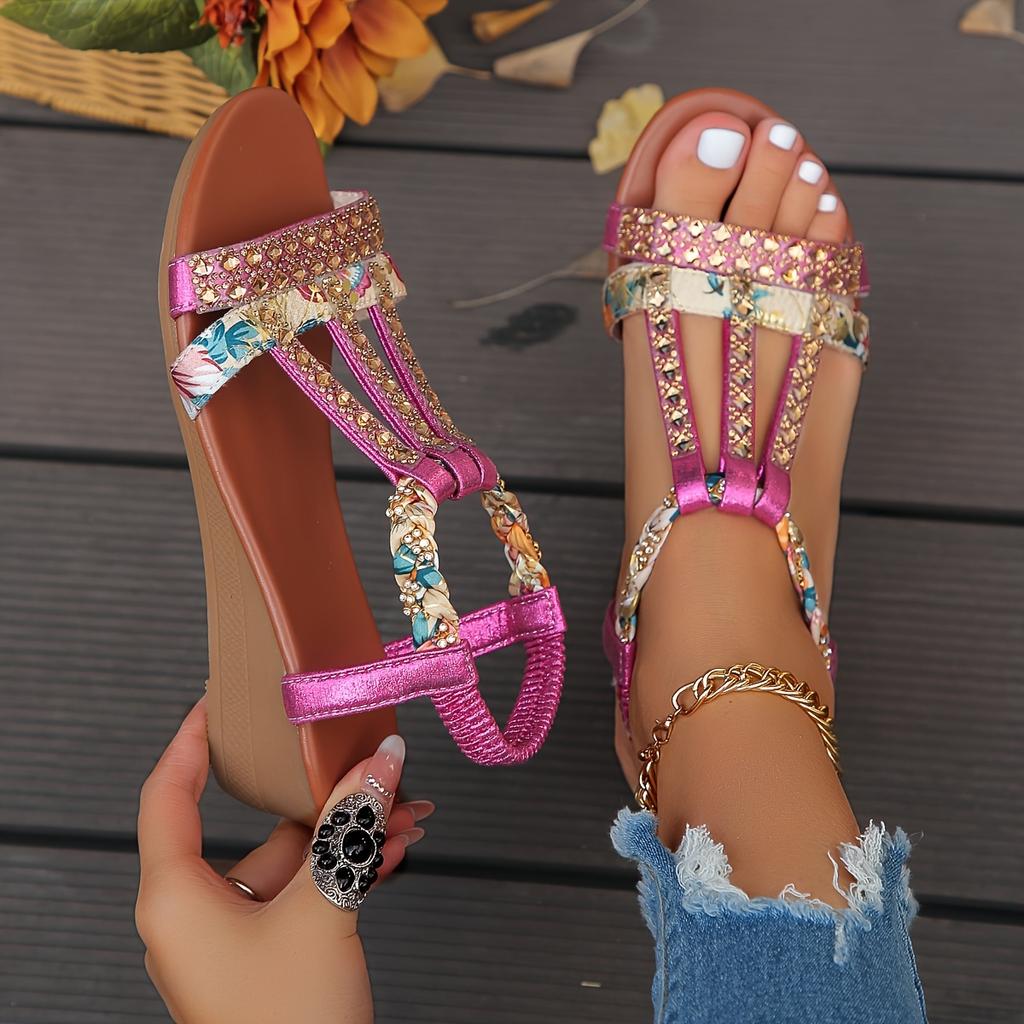 Sandálias femininas de cunha com strass brilhantes - Tira elástica confortável - Antiderrapante, perfeitas para escapadelas na praia
