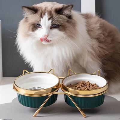 Poursweet Cat miska ceramiczna karma dla zwierząt domowych z metalowym stojakiem podwyższona karma dla kociąt dla szczeniąt podniesiona bezpieczna dla naczyń nietoksyczne artykuły dla psów