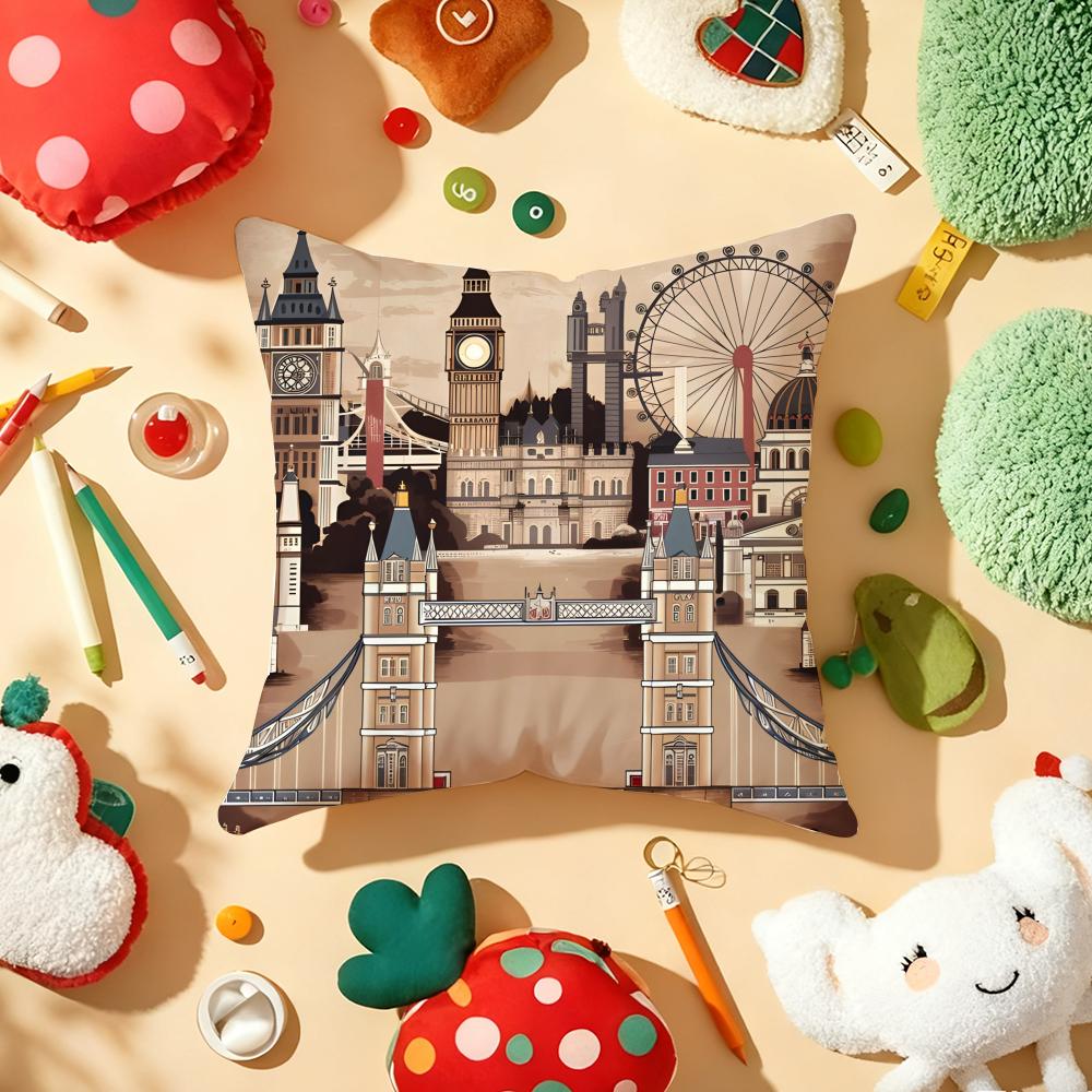 Uk Scenery Retro Cushion Cover Plush Fabric Soft Double-Sided Printed Sofa Warm Winter Home Gift Pillow Cover