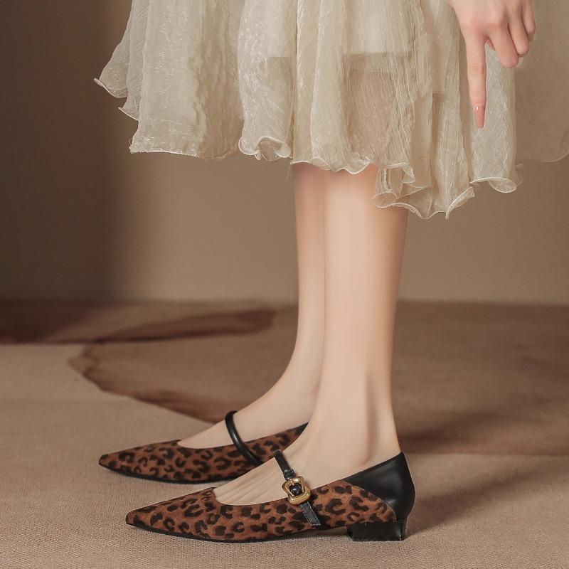 Fashion One-band Block Heel Single Shoes Autumn New Suede Leopard Print Pointed Toe Shallow Mouth Soft Sole Non-slip Kitten Heel Shoes