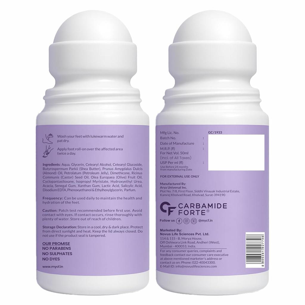 Carbamide Forte 20% Urea Foot Cream Roll-On 50ml For Cracked Heels Moisturising & Repairing Pack of 2