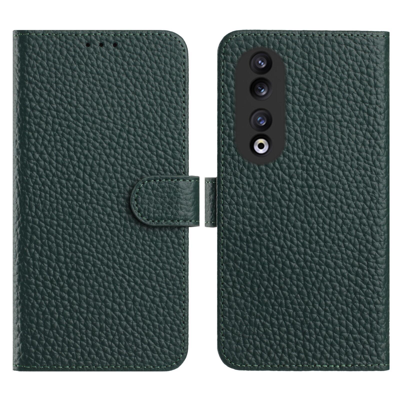 

For Honor 90 Case Wallet Stand Litchi Texture Genuine Cow Leather Flip Phone Cover Green