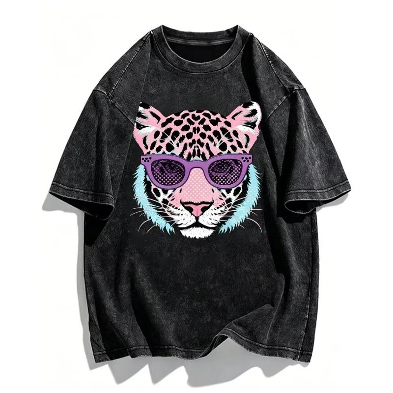 Grunge Aesthetic Leopard T-Shirt Washed Retro Graphic Tee Y2K Style Harajuku Top Edgy Urban Streetwear Fashionable Clothing
