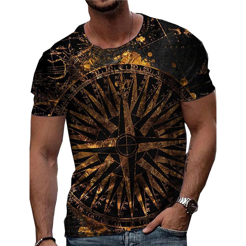 New Summer Men's Fashion T-shirt Personality Color Compass Printed Men's T-shirt Top