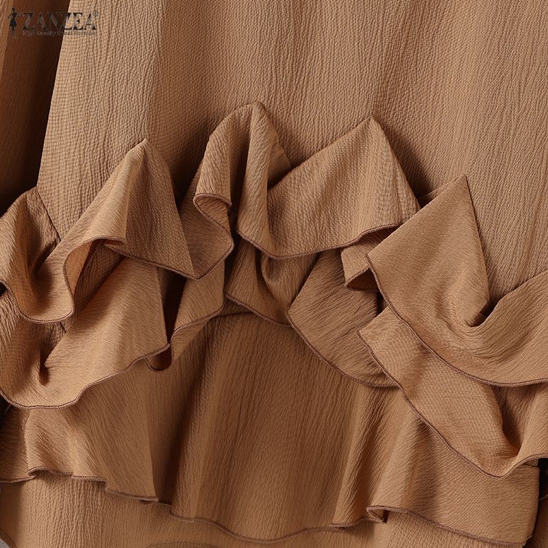 ZANZEA Womens Casual Round Neck Long Sleeve Ruffles Splice Loose Blouse